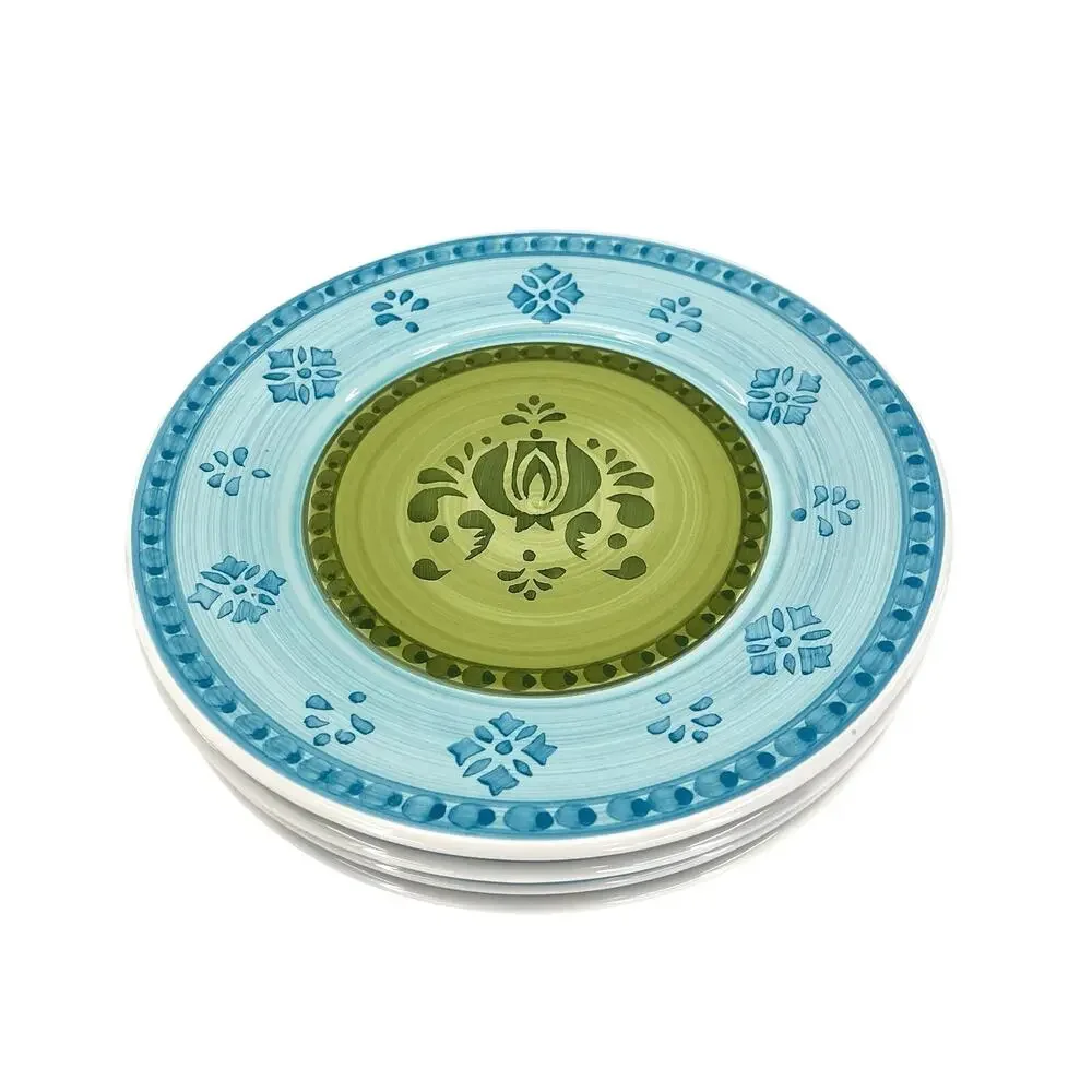 2 Williams Sonoma Italy Blue and Green Stencil Hand Painted Dinner Plates 11”